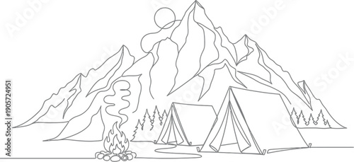 Minimalist continuous line drawing depicts a serene mountain campsite scene featuring tents fire and natural elements