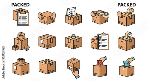 Vector icons of cardboard boxes being packed or unpacked, with labels and tape, for logistics or shipping mockup, Isolated on transparent background, png