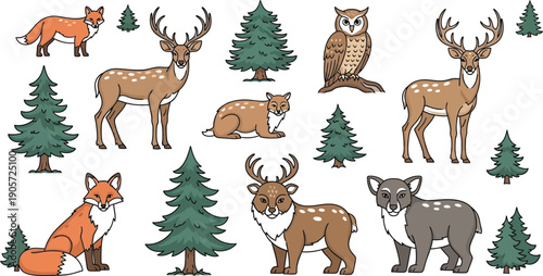 Collection of charming cartoon forest animals including deer foxes owls and various evergreen trees forms a delightful woodland pattern