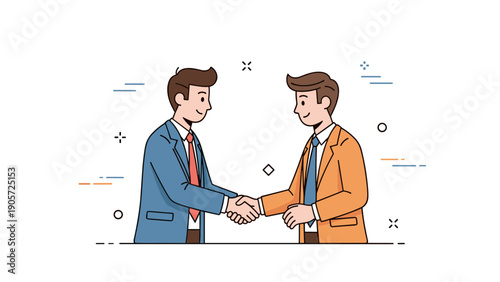 Two young caucasian males shaking hands in cartoon style business illustration