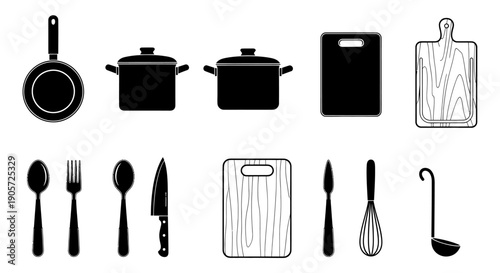 Assorted Kitchen Utensils and Wood Grain Cutting Boards Silhouette