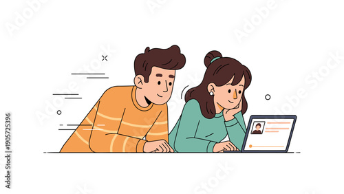 Young caucasian male and female looking at laptop together