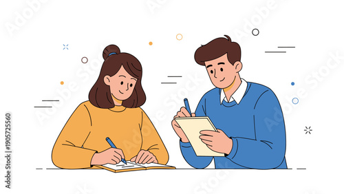 Animated young adults studying together with notebooks and pens