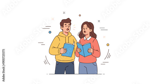Young caucasian male and female teens reading books together
