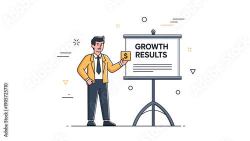 Young caucasian male presenting business growth results with graph