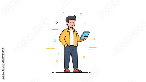 Cartoon male character holding a tablet in casual outfit against white background