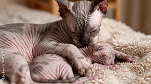Touching moment: Mother Sphynx cat lovingly grooms her adorable kitten for ultimate care