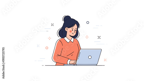 Asian female young adult using laptop with focused expression in minimalistic style