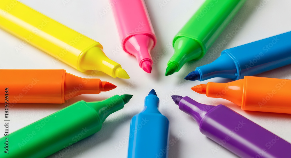Fototapeta premium Colorful Markers Arranged in Circle on White Background
