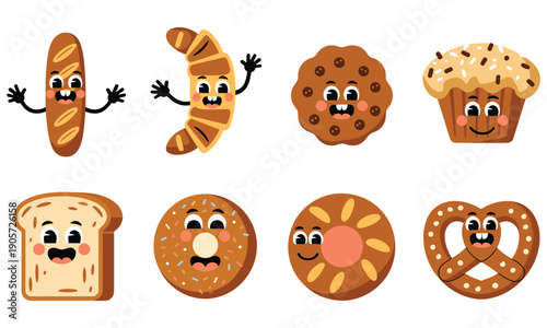 Cartoon baked goods with various facial expressions and emotions, including bread, croissant, cookie, muffin, and pretzel, showcasing a range of animated personalities.