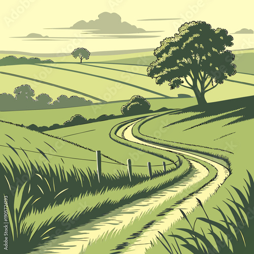 Realistic Rural Landscape: Green Farmland with a Narrow Road Under Sky