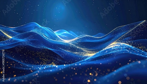 Abstract blue waves with golden particles and cosmic background.