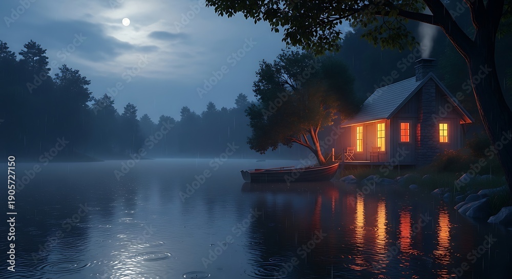 Fototapeta premium Illuminated wooden cabin rests beside a misty lake under a full moon at night