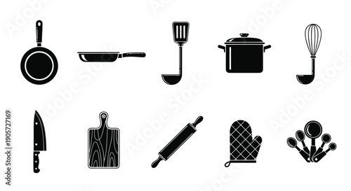 Flat Black Kitchen Utensils Icon Set for Cooking and Recipe Design