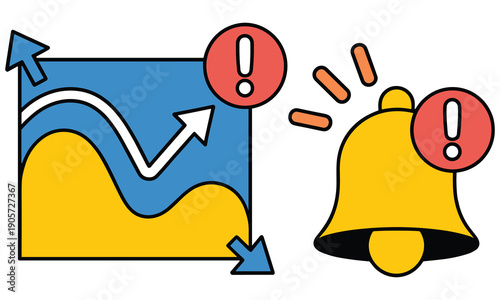 Alert notification graphic showing graph trend and ringing bell symbolizing important updates and notifications for business insights and data analysis.