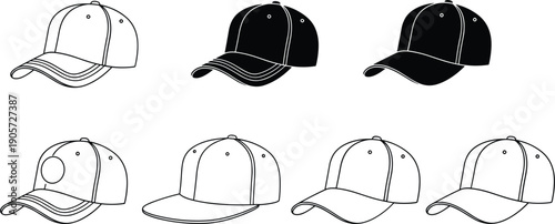 Baseball cap hat icons set adjustable snapback headwear fashion accessory vector collection isolated design styles
