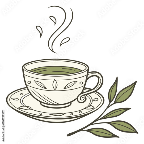 Tea Cup Filled with Green Tea: Natural Color and White Background