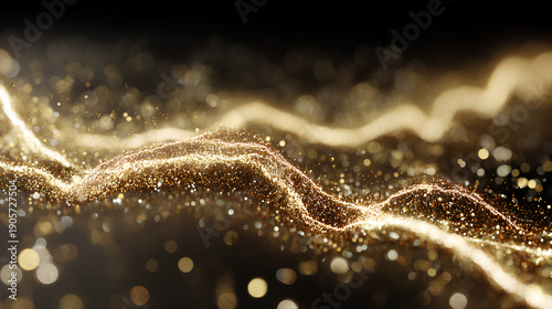 Golden sand or glitter in the shape of lightning bolt or neuron, neural node, with a bokeh effect. Abstract 3d illustration. Stock Illustration