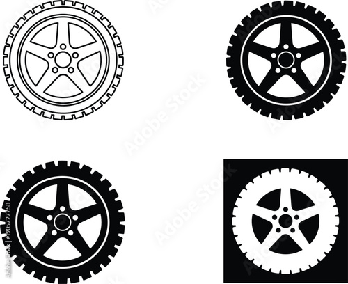 Car wheel tire icons set alloy rim automotive transport vehicle parts vector collection isolated modern design