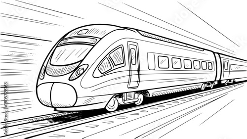 Black and white of a modern high-speed train traveling tracks with motion blur effect