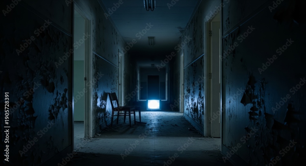 Fototapeta premium Dark Abandoned Hallway with Chair and Mysterious Light Source
