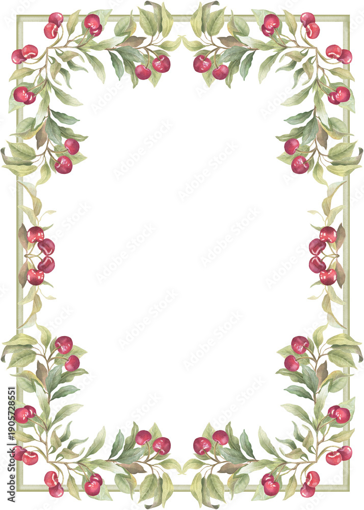 Obraz premium Red cherry watercolor wedding frame, PNG arrangement, romantic design