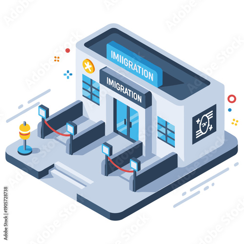 Immigration office building in isometric view with security gates and signage