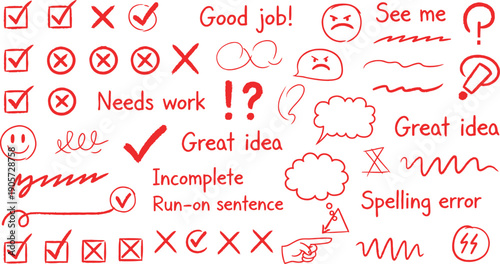 A collection of red and brown handwritten style proofreading and editing marks and comments on a white background