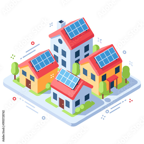 Colorful isometric solar-powered houses with solar panels on rooftops in a sustainable neighborhood
