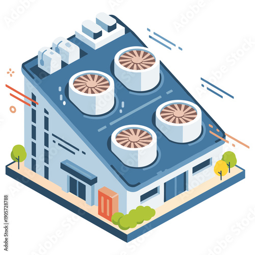 Isometric illustration of industrial building with large ventilation fans on roof