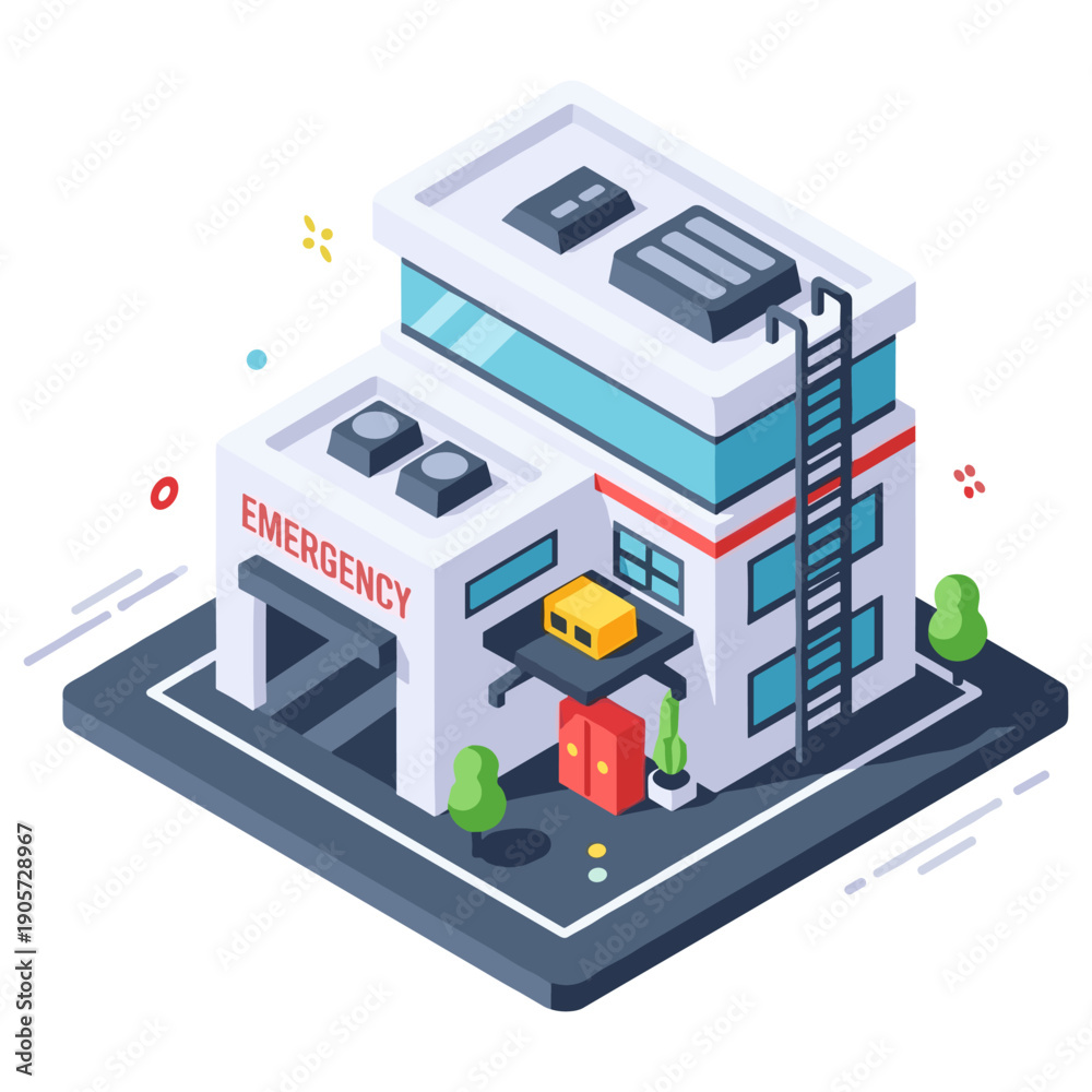 Obraz premium Isometric emergency hospital building with ambulance