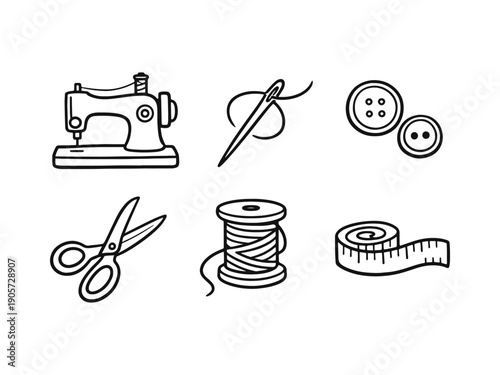 Set of hand-drawn sewing and tailoring line icons including a sewing machine, needle, thread, buttons, scissors, and a flexible measuring tape.