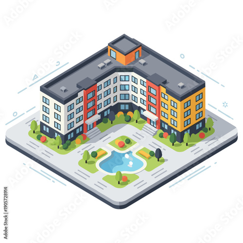 Modern apartment complex isometric view with courtyard and pool