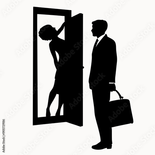 Businessman standing outside doorway looking at woman getting ready