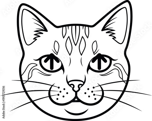 A black and white line drawing of a cat's face with a cute expression