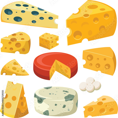 cheese, collection, vector, illustration, cartoon, dairy, food, slice, wedge, block, gourmet, cooking, ingredient, isolated, white, background, clipart, design, set, nutrition