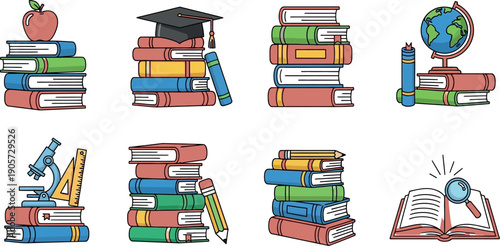Educational icons featuring stacked books and academic symbols