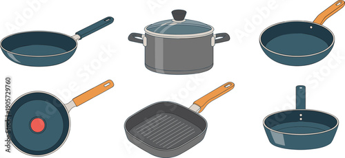 cookware, kitchen, pan, set, vector, illustration, nonstick, pot, frying, grill, saucepan, utensils, collection, modern, household, cooking, equipment, isolated, white, background