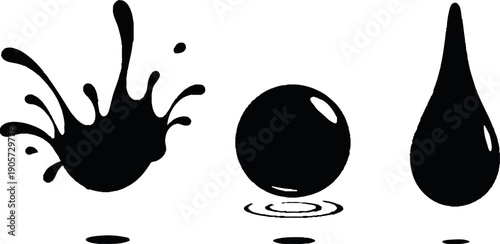 Black liquid droplets and splashes on a white background
