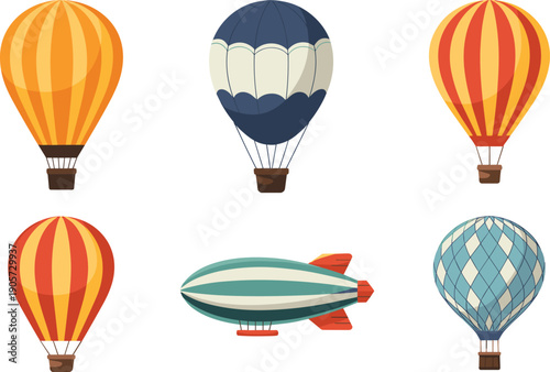 hot, air, balloon, airship, zeppelin, vector, illustration, flat, cartoon, colorful, aviation, travel, sky, adventure, transport, icon, design, set, collection, clipart