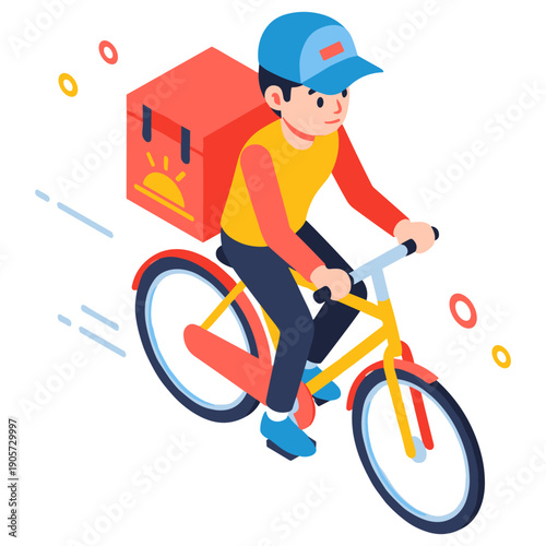 Male asian young bicycle delivery riding icon with red backpack and blue cap