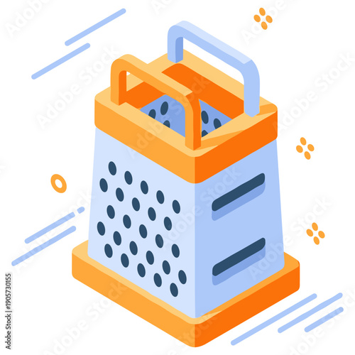 Colorful isometric cheese grater with handle and holes in abstract style