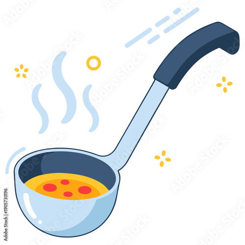Steaming ladle of hot soup with handle and decorative elements
