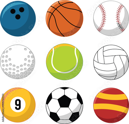 sports, balls, collection, vector, illustration, cartoon, equipment, game, athletic, set, icons, recreation, fitness, design, isolated, white, background, clipart, bundle, activity