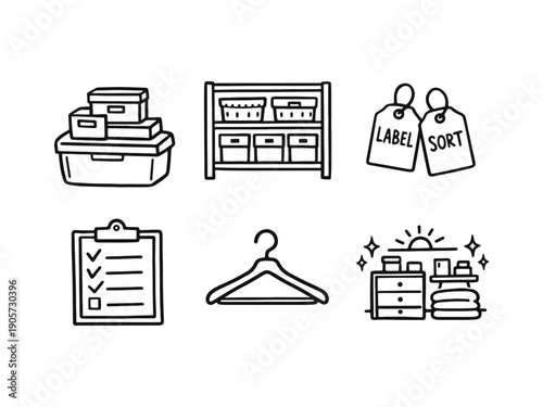 Set of hand-drawn vector icons for home organization, featuring storage boxes, shelves, labels, checklists, and a clothes hanger.
