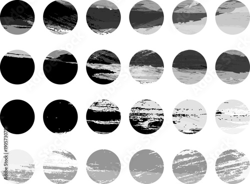 モノクロトーンの円形グランジテクスチャ背景セット　抽象的な筆跡と擦れ表現を組み合わせたデザイン用サークル素材