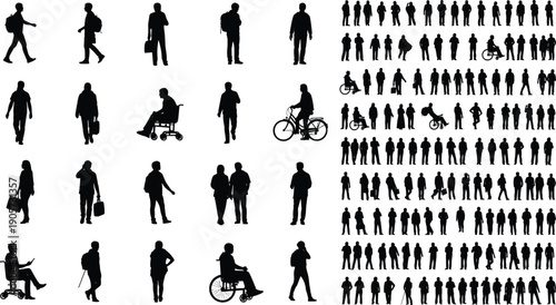 WebLarge Collection of Diverse People Silhouettes Featuring Pedestrians Cyclists Wheelchair Users and Crowds for Inclusive Urban Planning Accessibility Awareness and Commercial Vector Design