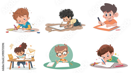 Cute kid writing a letter vector illustration with clean shapes, child learning and communication concept