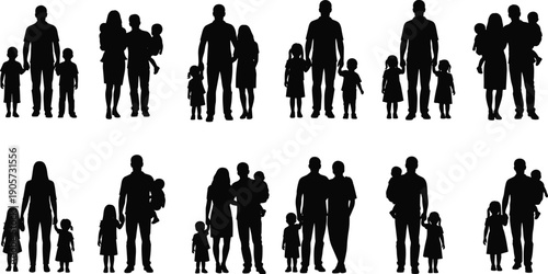 Large Collection of Family Silhouette Icons Featuring Parents with Children and Infants for Life Insurance Marketing Social Togetherness Parenting and Childhood Growth Concepts
