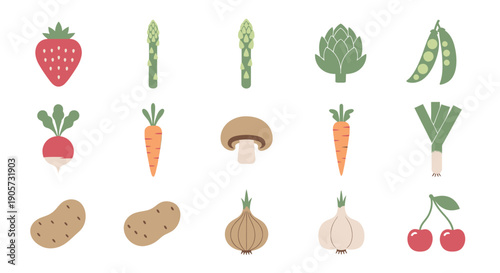 Assorted Vegetables and Fruits Illustration Set.